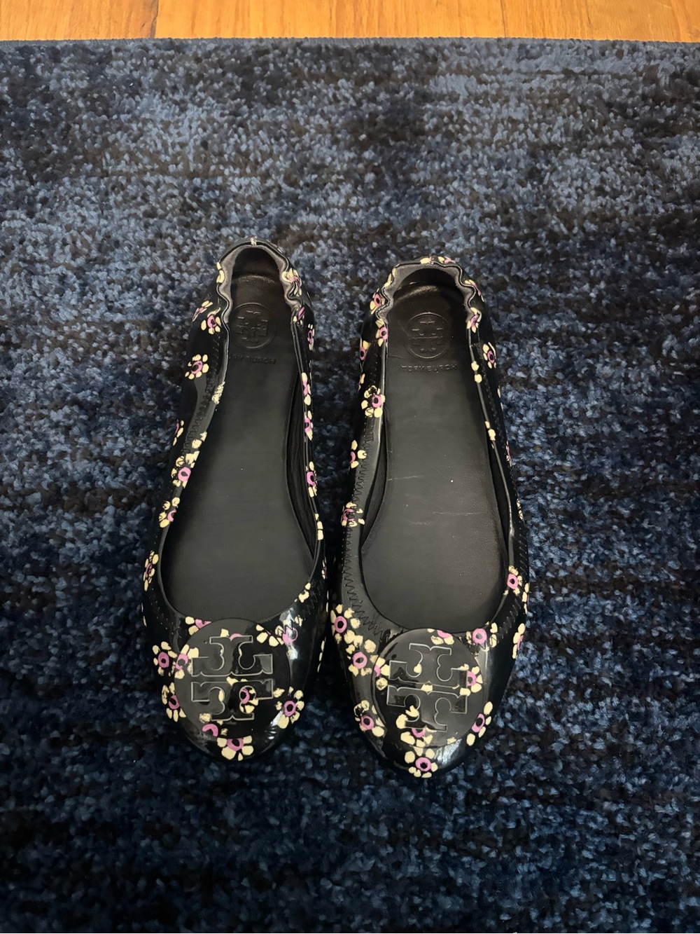 Tory Burch Black Patent Floral Logo Ballet Flats